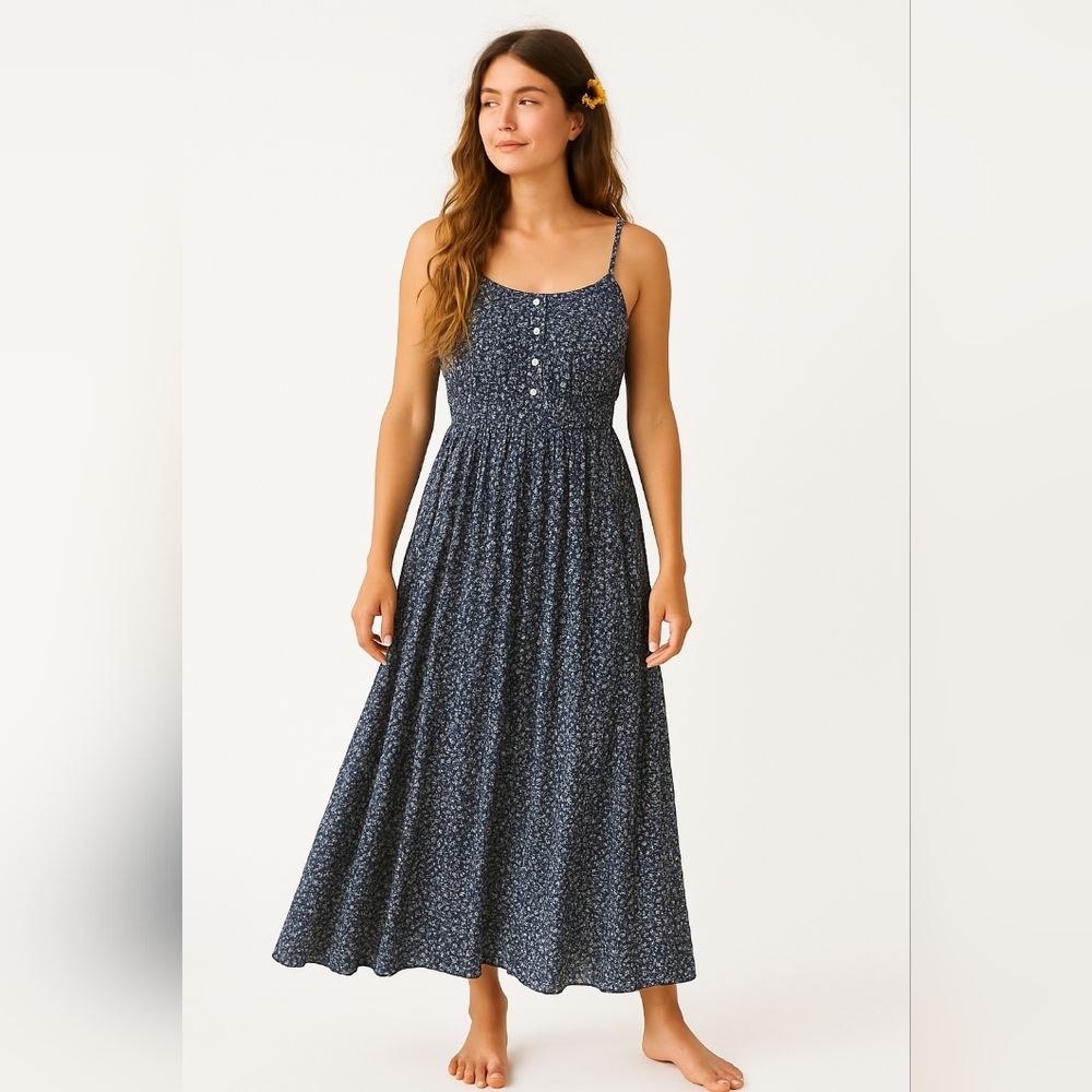 Navy White Floral Smocked Waist Maxi Dress S Cottagecore Boho Summer Earth Girl